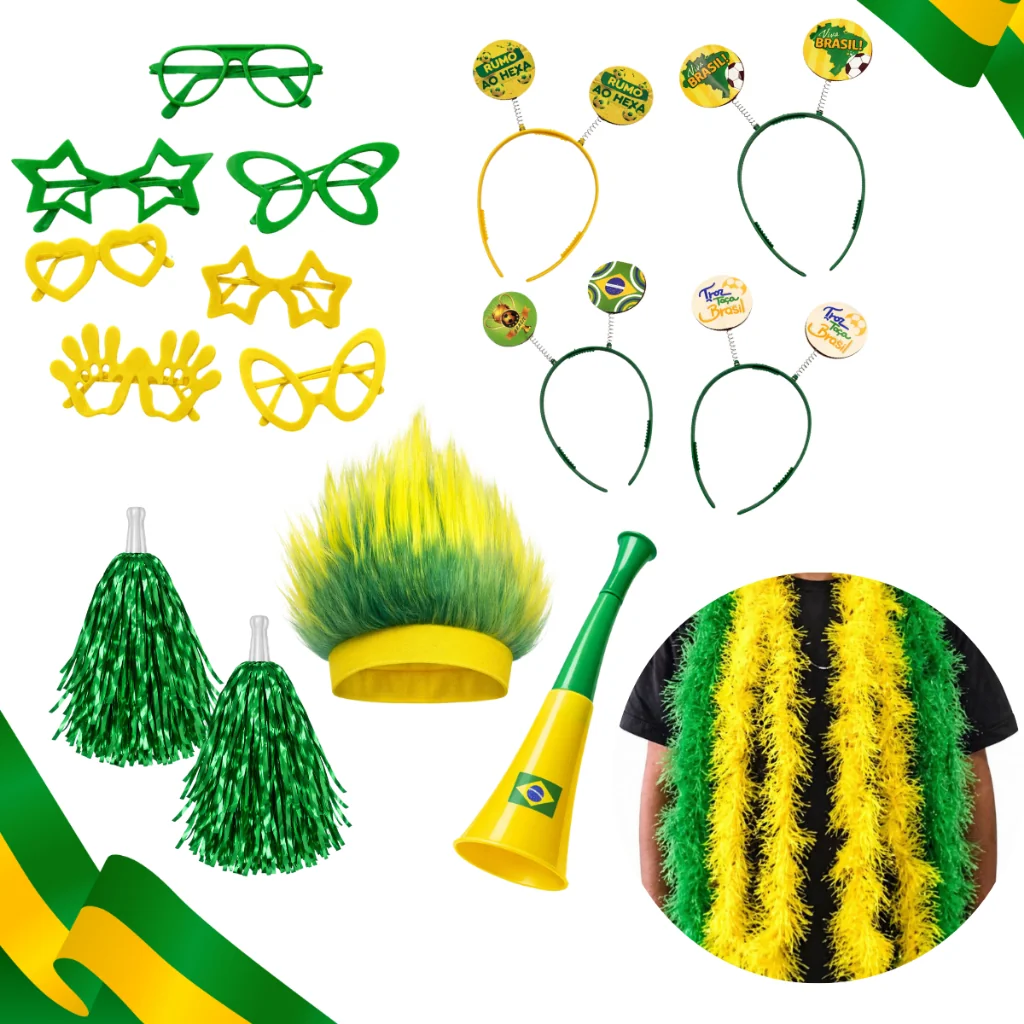 Kit Torcida Brasil Copa do Mundo 30 Itens BR Óculos, Tiara, Peruca, Corneta e Pom Pom Hexa Shopee