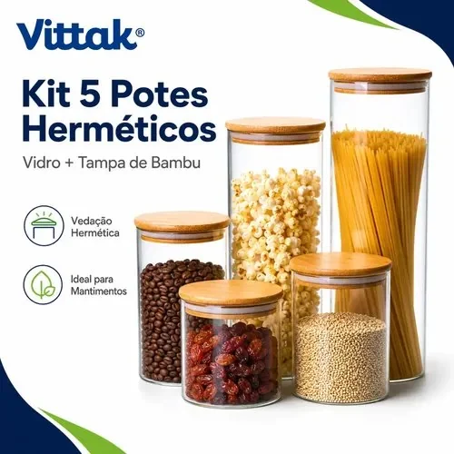Vittak Kit 5 Potes De Vidro Herméticos Com Tampa De Bambu Organizador Para Mantimentos Grãos Café Massas E Cereais 3,8 Litros Transparente
