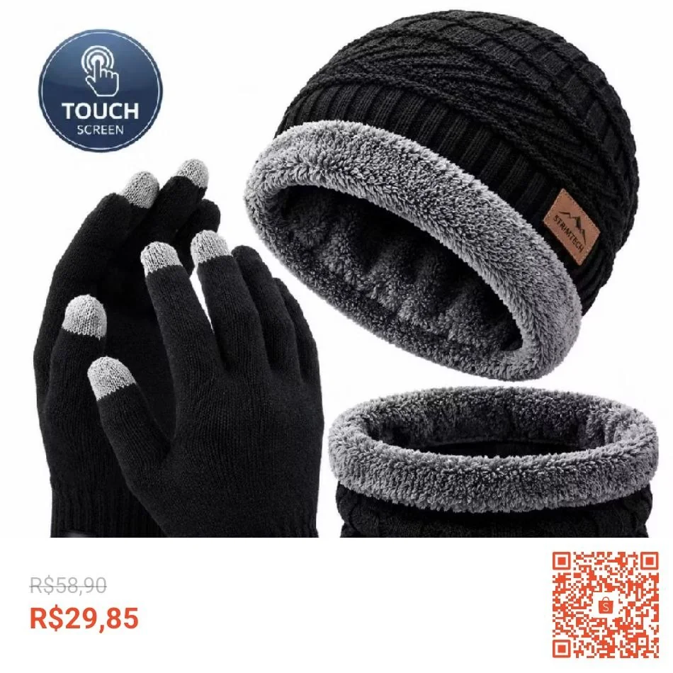 Kit Inverno Touca Forrada + Luva Touch Screen + Cachecol Gola Quente Unissex Frio Masculino Feminino