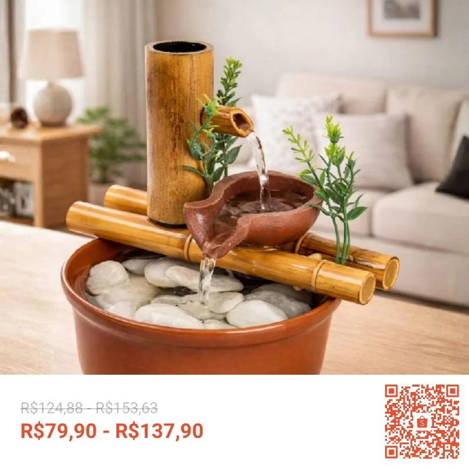 Fonte 2 quedas Decorativa De Mesa Agua Cascata de Bambu 19cm