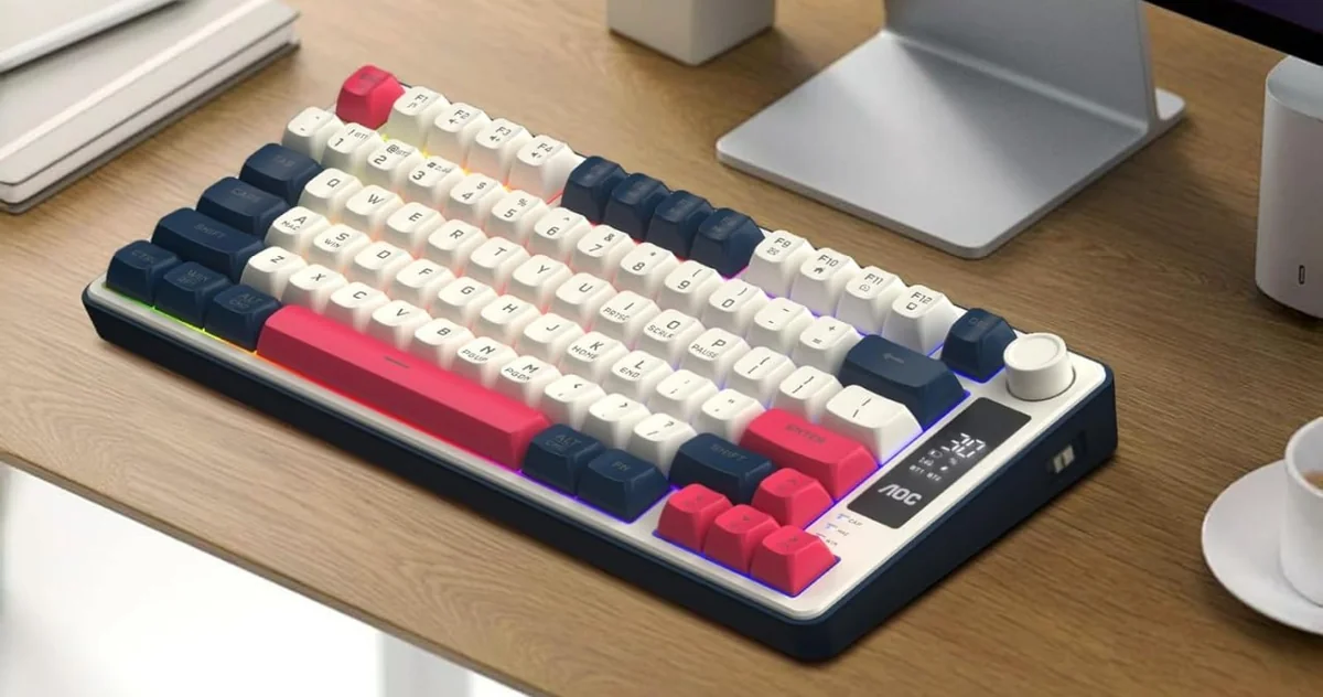 AOC GK280 Teclado sem fio 70%, Bluetooth Trimodo /2.4 GHz/USB-C, Teclado Gamer RGB LED Rainbow, Ideal para Jogos e Digitação, Ergonômico, Bateria Recarregável