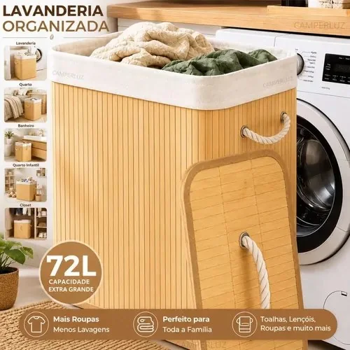 Cesto Organizador De Roupa Bambu Dobrável Retangular Com Tampa Forro E Alças 72 Litros Grande Capacidade Reforçado Caixa Organizadora Para Brinquedos - Marca Camperluz Madeira