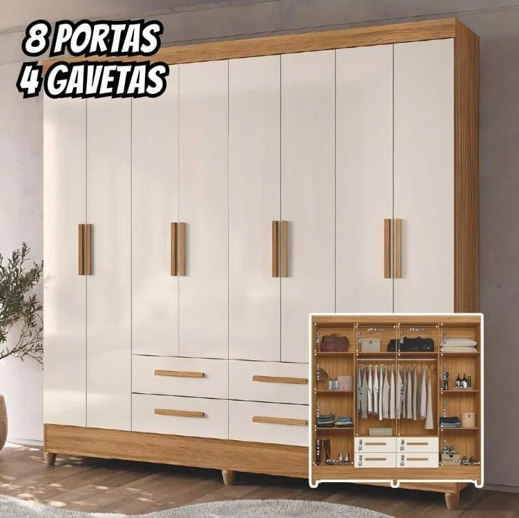 Guarda Roupas Casal 8 Portas 4 Gavetas Freijó/off flórida Cor Freijo Off Freijó/off White