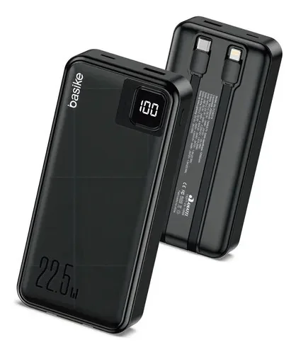 Power Bank Basike 20000mah Preto, Carga Rápida 22.5w Para iPhone E Samsung, Com Cabos Embutidos E Display