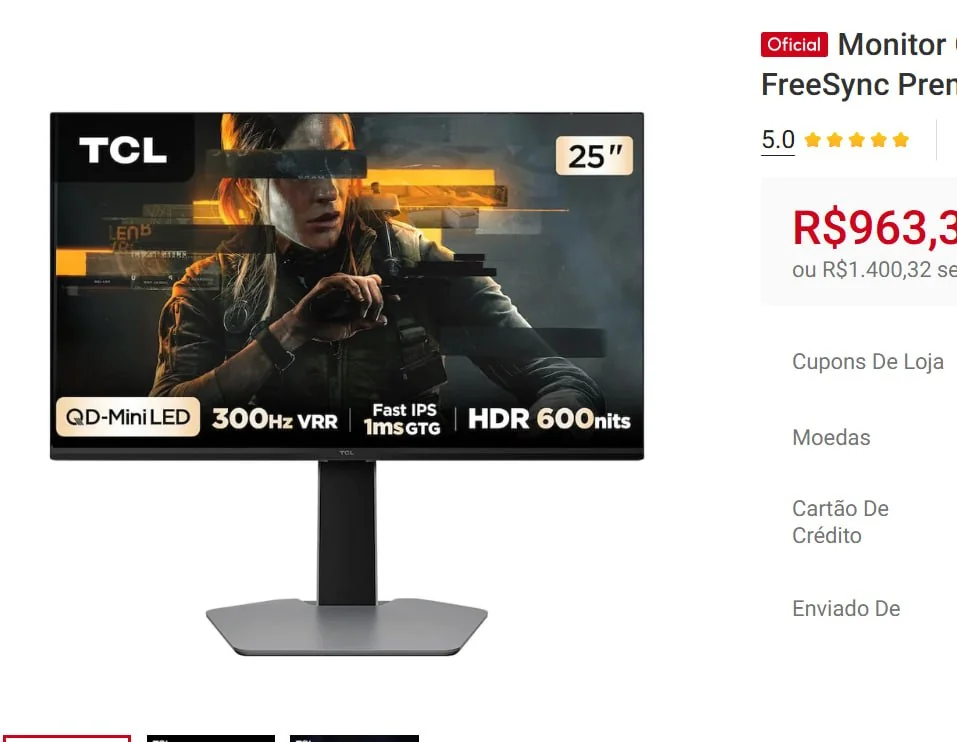 Monitor Gamer 25 Full HD 25G64 QD-Mini LED 300Hz 1ms FreeSync Premium TCL