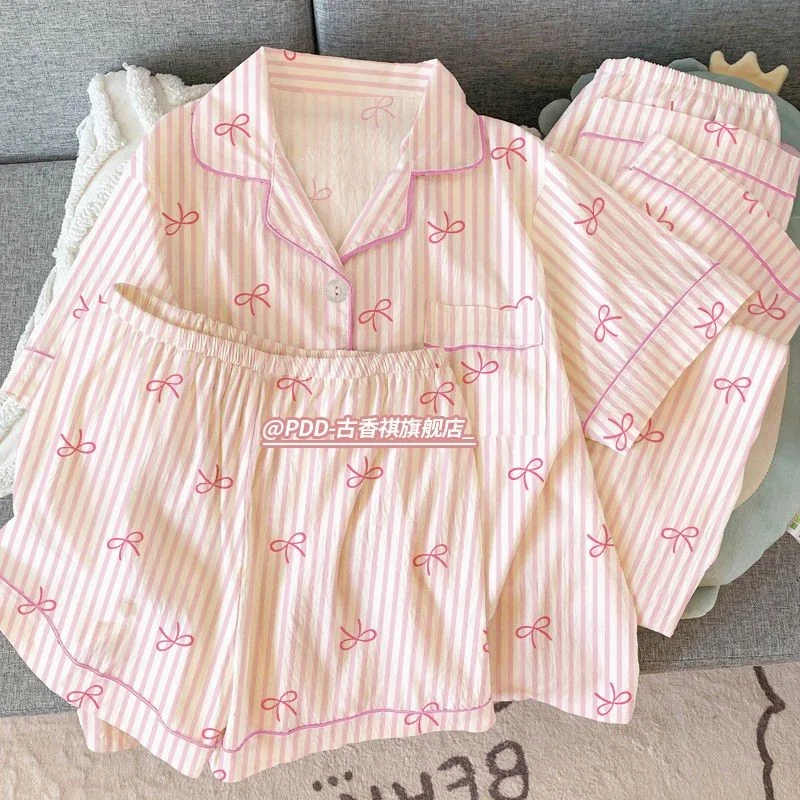 Conjunto De Três Peças De Verão : Pijama Fino Em Nuvem Para Mulheres , Lindo E Doce , Nó De Borboleta , Roupa De Casa Shopee