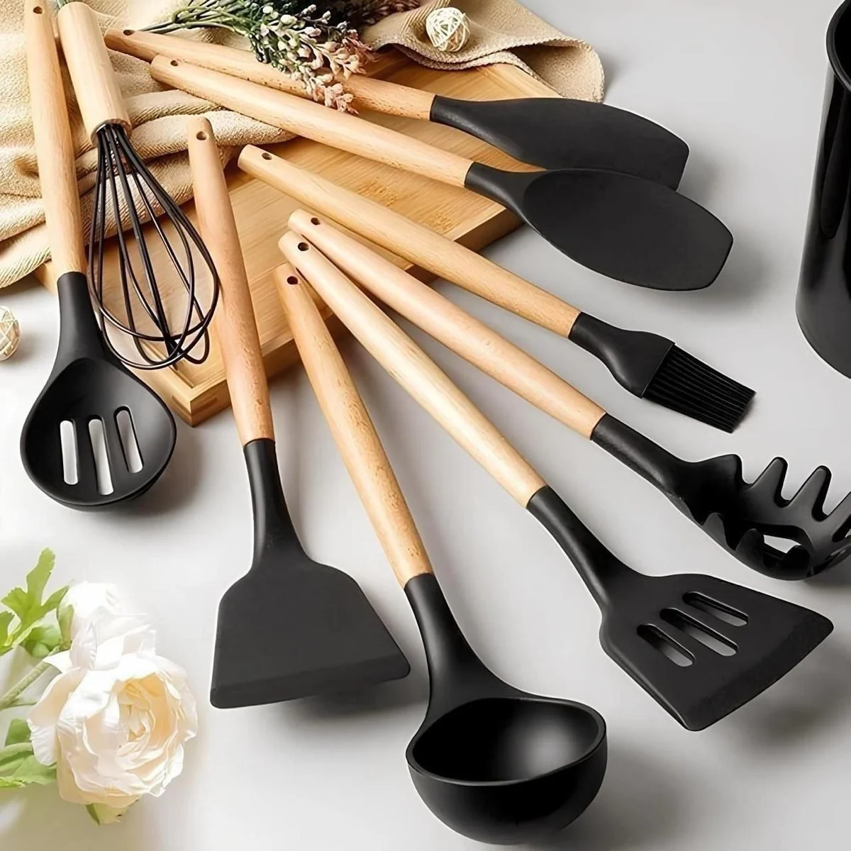 Kit C/12 Utensílios De Cozinha Silicone Cabo Madeira