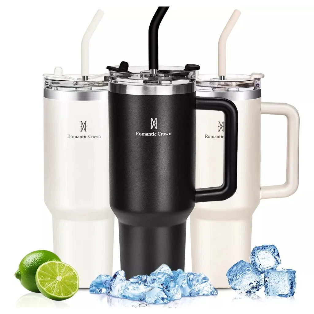 ROMANTIC CROWN Copo Térmico Inox 600ml/1.2L com Tampa Hermética e Canudo Anti Vazamento de Aço Inoxidável