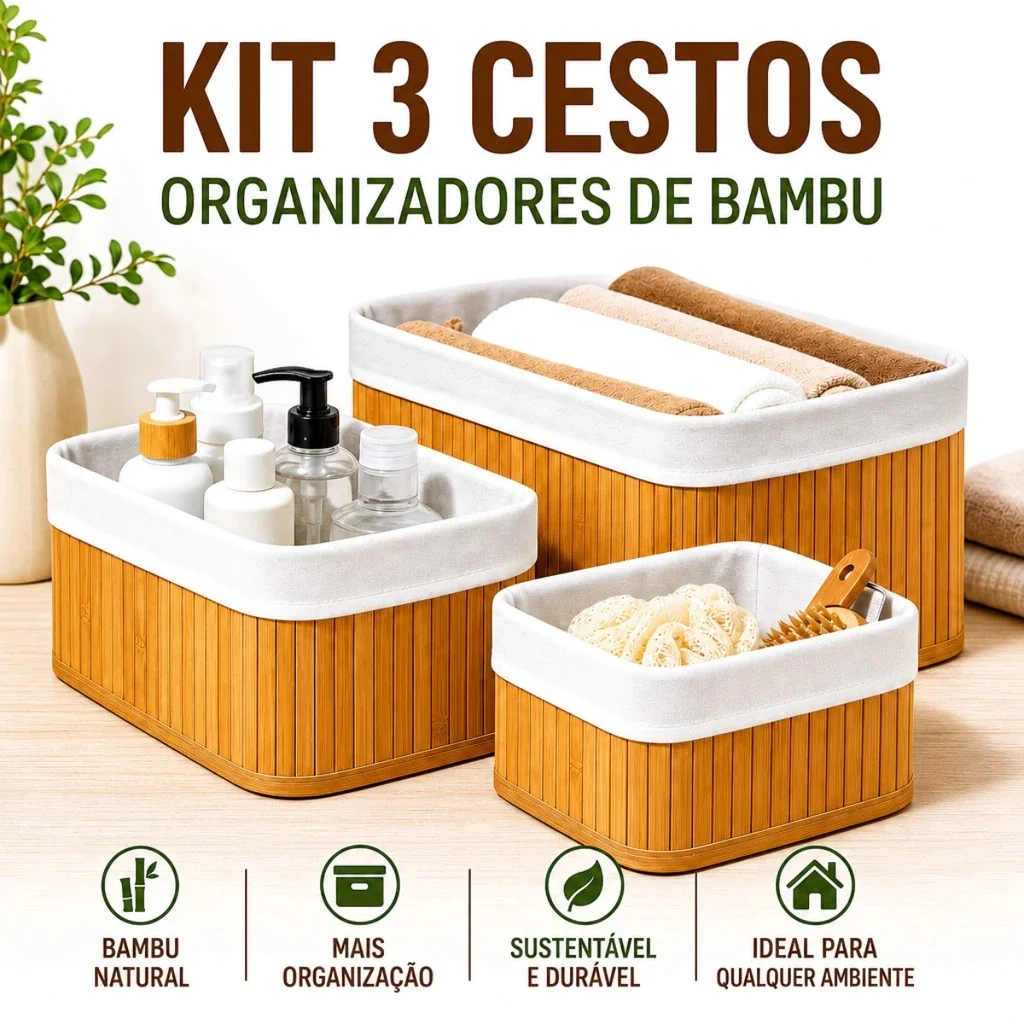 Kit 3 Cestos Organizadores de Bambu Multiuso com Forro Shopee