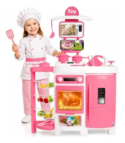 Cozinha Infantil Grande Completa Sai Agua De Verdade 92cm Com Fruteira Geladeira E Acessorios Rosa