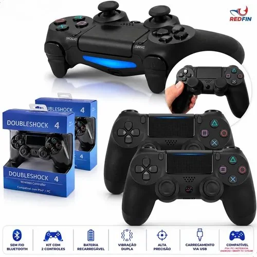 Kit 2 Controle Sem Fio Redfin Para Ps4 Pc Bluetooth Touchpad Vibração Dupla Joystick Compatível Ps4 Videogame Tv Pc Celular Android Manete Smart Tv Headset - Redfin Preto