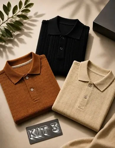 Kit 3 Camisas Polo Tricot Italianas Elegante Texturizada Kit 3 Preto-marrom-off White N/a Gg Texturizada