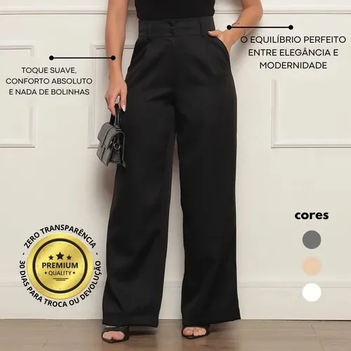 Calça Alfaiataria Feminina Wide Leg Social Cintura Alta