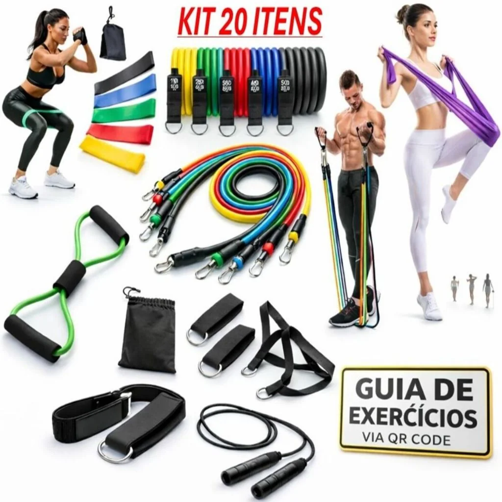 Kit 20 Itens Treino em Casa: Elásticos Extensor + Mini Band + Thera Band + Corda De Pular + Guia de Exercícios Exclusivo Shopee