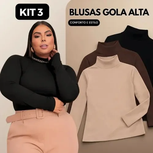 Kit 3 Blusas Feminina Cacharrel Plus Size Manga Longa Preto, Marrom E Nude Gg/exg (44/48)