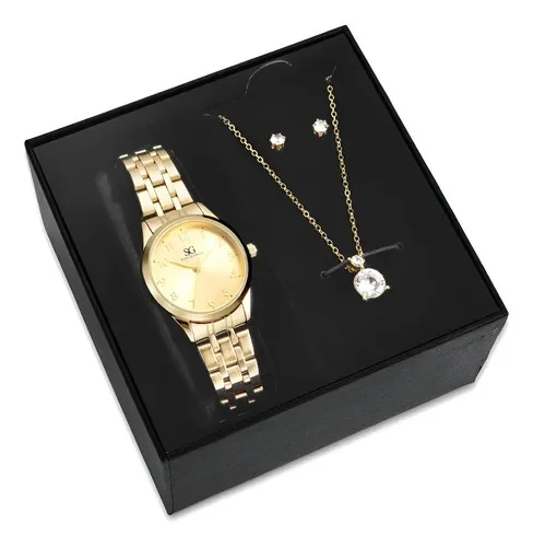 Kit Relógio, Colar e Brincos Ponto de Luz Dourado Feminino Saint Germain 28mm Mercado Livre
