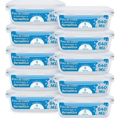 🚀 Kit 10 Potes Vidro Hermético Aristus 640ml Marmita Anti Vazamento Forno Micro-ondas Freezer Tampa 4 Travas - Branco