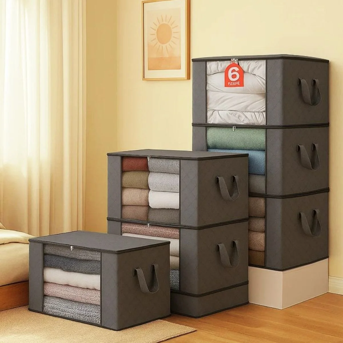 Kit6 Saco Organizador Guarda Roupa Dobrável Edredom Cobertor Cinza-escuro