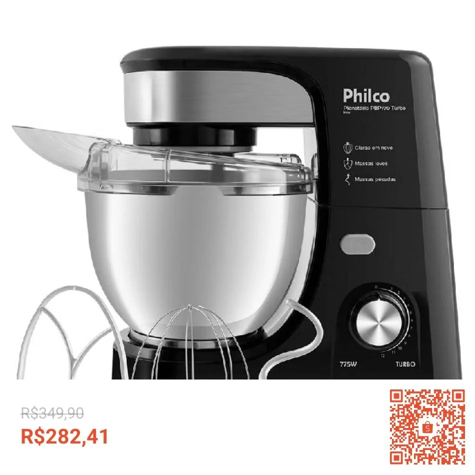 Batedeira Planetária Philco 775W 3 Batedores Preta PBP770PI