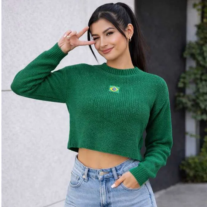 Blusa Cropped Tricô Manga Longa Brasil Feminina Inverno Shopee
