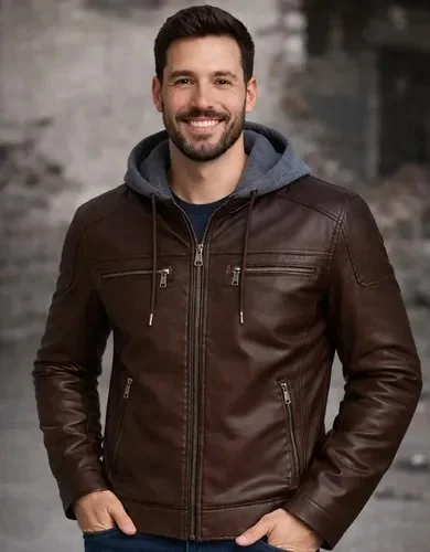 Jaqueta De Couro Masculina Preta Marrom Motoqueiro Com Capuz