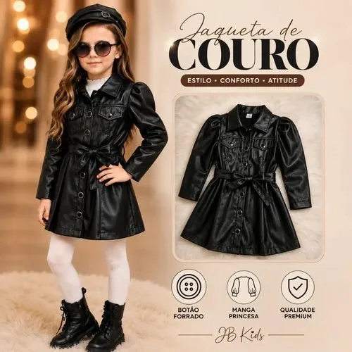 Sobretudo Infantil Juvenil Couro Vestido Couro 6 Ao 14 Preto 12 Lisa