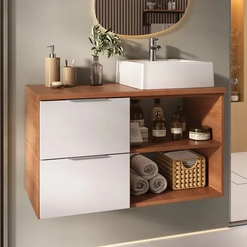 Armário Gabinete Banheiro 80cm Com Cuba Classic Móveis Joia Madeirado/branco