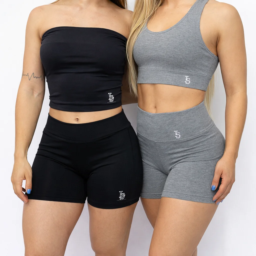 Conjunto Feminino Top e Short Cintura Alta - Cinza e Preto Treino e Academia Shopee
