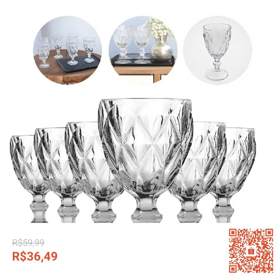 Jogo De Taças De Vidro Diamond Cristal 325ml 6 Peças