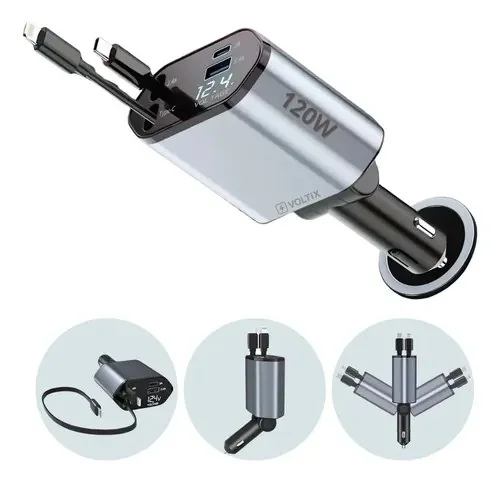 Carregador Para Carro Veicular 4 Em 1 120w Tipo C Lightning Prateado