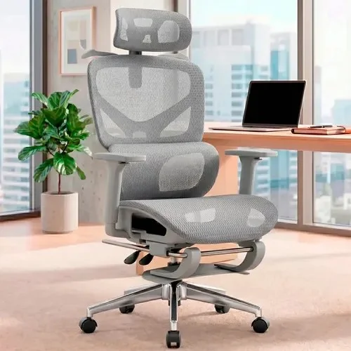 Cadeira Escritorio Ergonomica Giratoria Cinza Apoio Cabeca Suporte Lombar Apoio Pes Encosto Reclinavel 6 Posições Tela Mesh Respirável Altura Ajustavel Suporta 200kg Delegate Nienz Malha