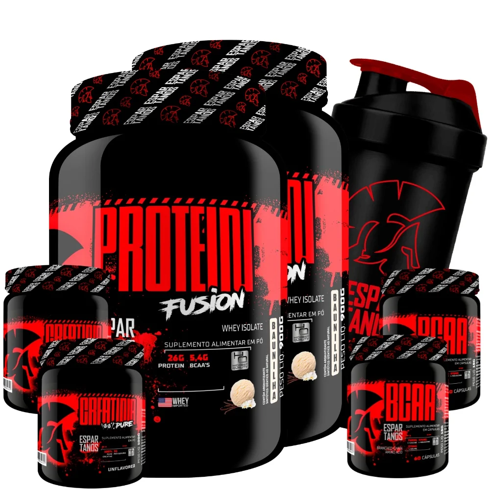 Kit 2x Whey Protein Fusion 900g + 2x Bcaa 3:1:1 60 Cáps + 2x Creatina 100% + Coqueteleira Shopee