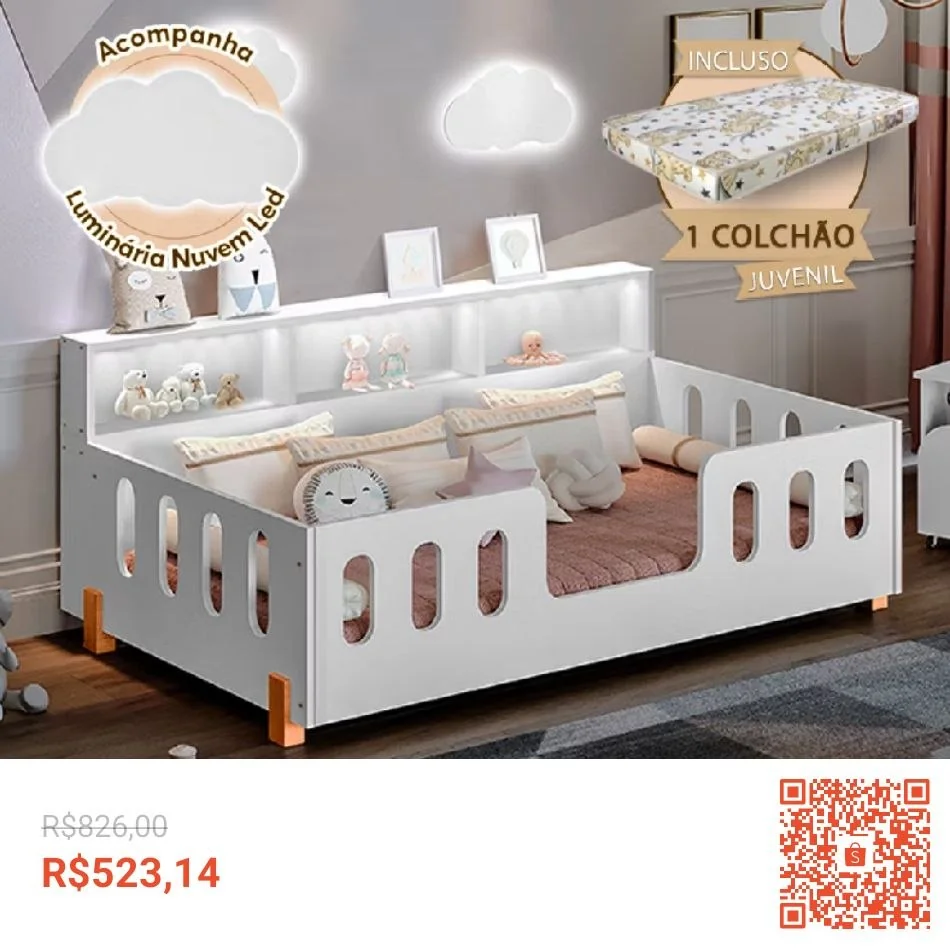 Cama Infantil Montessoriana com Colchão Juvenil Led e Nicho Nina Branca + Luminária Led