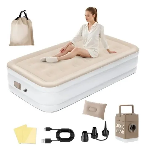 Colchão Inflável Solteiro 300kg C/elétrico Bomba+travesseiro Cáqui