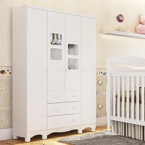 Guarda Roupa de Bebê 4 Portas 3 Gavetas Uli Móveis Peroba Branco Brilho