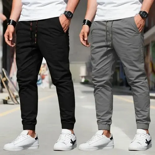 Kit 2 Calça Jogger Sarja Masculina Slim Jeans Sarja 4 Bolsos Preto - Cinza Liso P