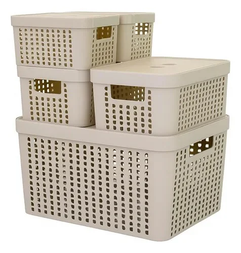 Kit 5 Caixas Organizadoras 2l 4,5l 17l Com Tampa Multiuso Cor Bege Liso