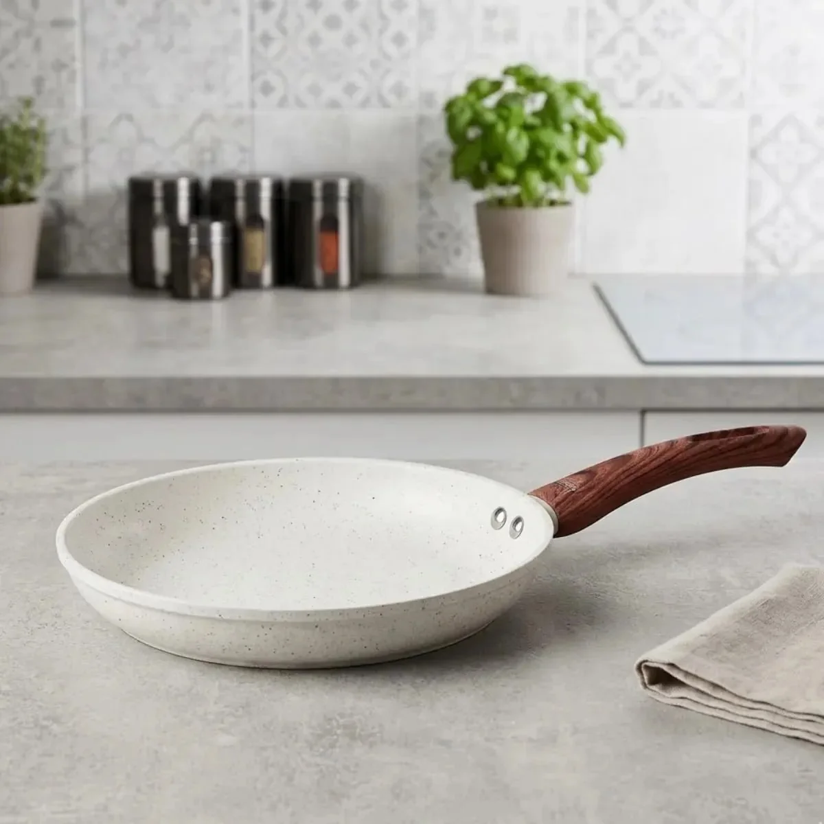 Frigideira De Cerâmica Com Cabo De Madeira Para Indução E Gás, 20 Cm, Creme