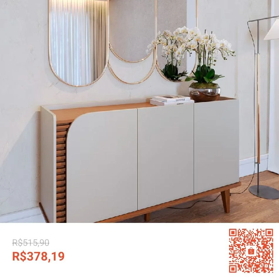 Aparador Buffet Para Sala de Jantar 3 Portas Elora C04 Off White Matte Freijó - Lyam Decor