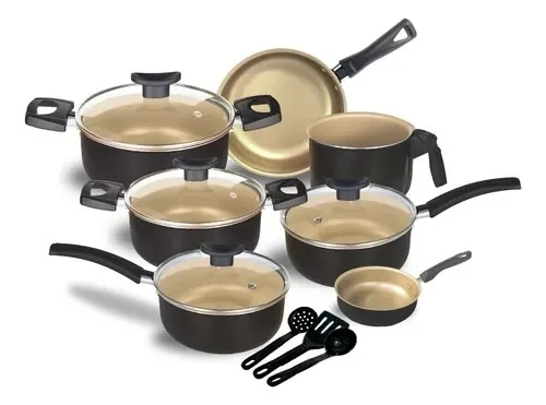 Conjunto Panelas Antiaderente 10 Peças Teflon Várias Cores Preto Com Creme