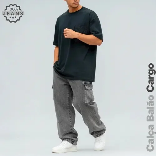 Calça Jeans Cargo Masculina Streetwear Preta Mescla 34 Ao 44