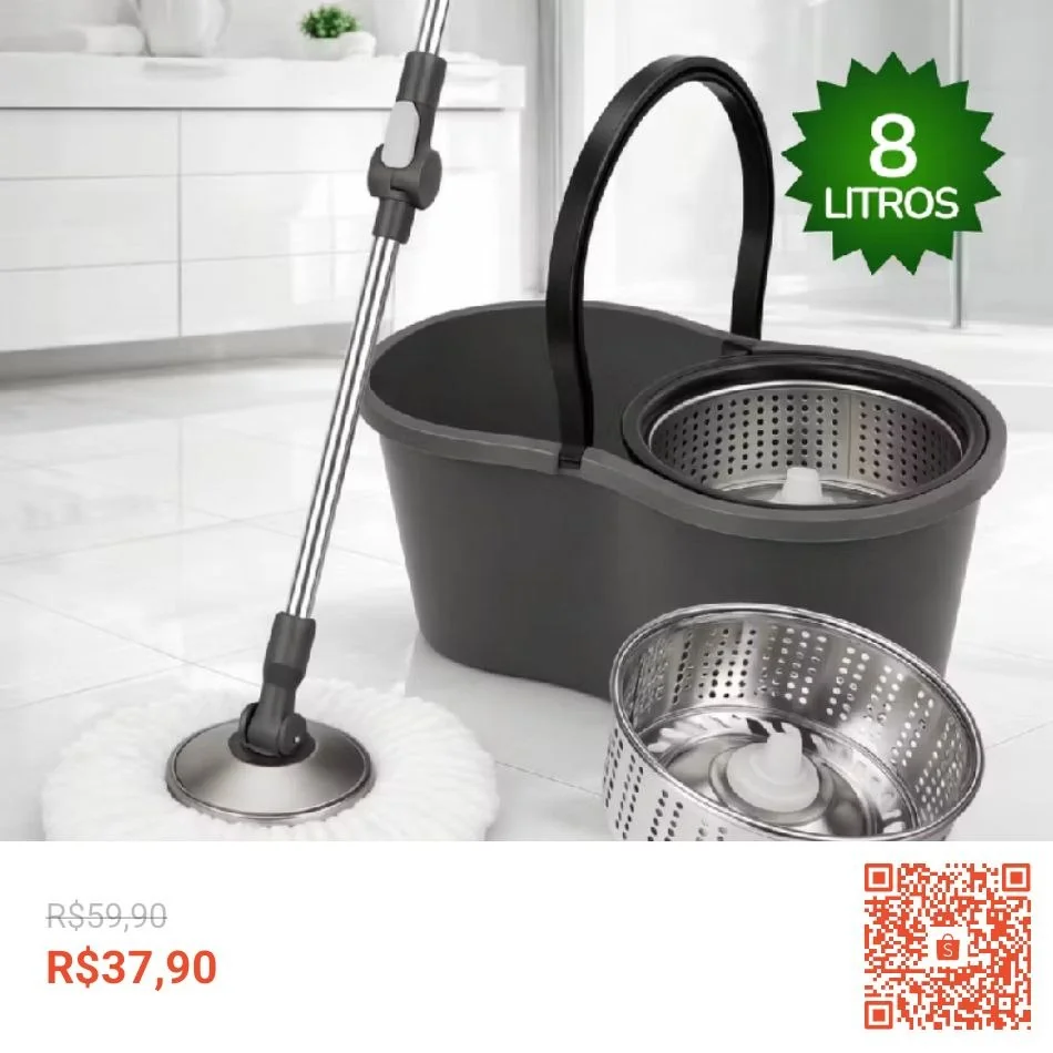 Mop Com Centrifuga Inox Com Refil de Microfibra e Cabo em Inox 8 Litros Mopi