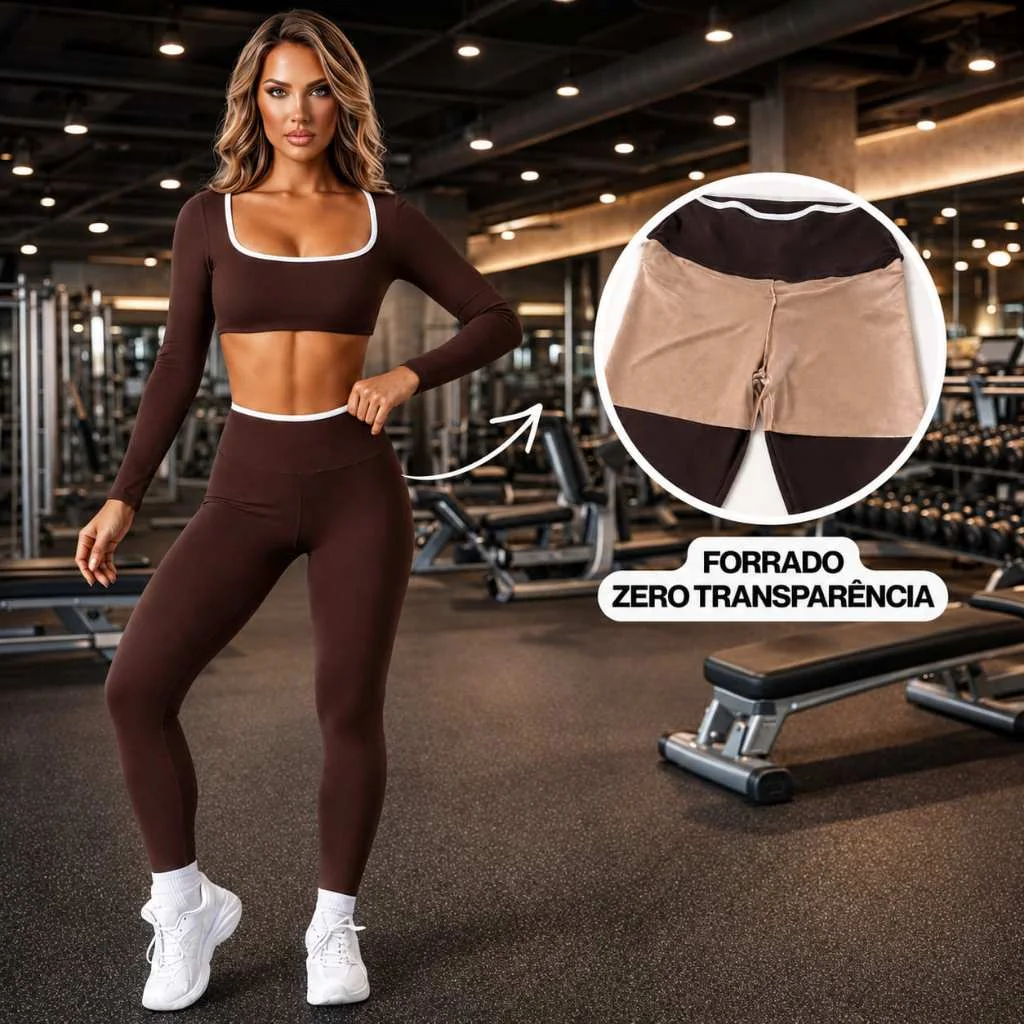 Conjunto Manga Longa Forrado de Academia Fitness Feminino com Top Manga Comprida e Legging Cós Alto Shopee