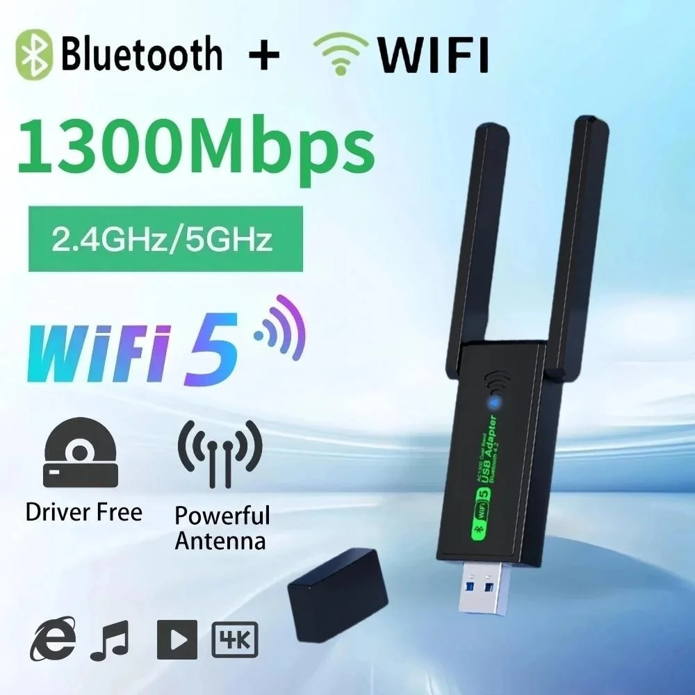 Adaptador WiFi Bluetooth 1300Mbps USB 3.0 Sinal Aprimorado 2.4G 5GHz Antena Wi-Fi Dual Band 802.11ac Mini Receptor De Placa De Rede De Computador Sem Fio [Estoque Pronto]
