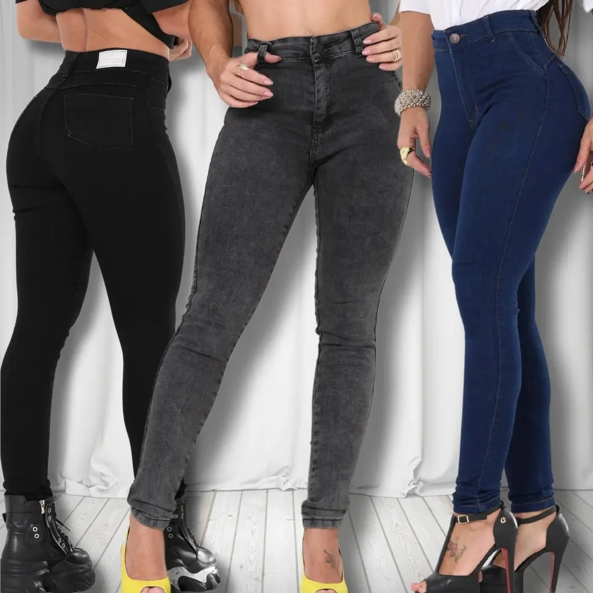 Kit 3 Calça Jeans Feminina Skinny Cintura Alta Premium