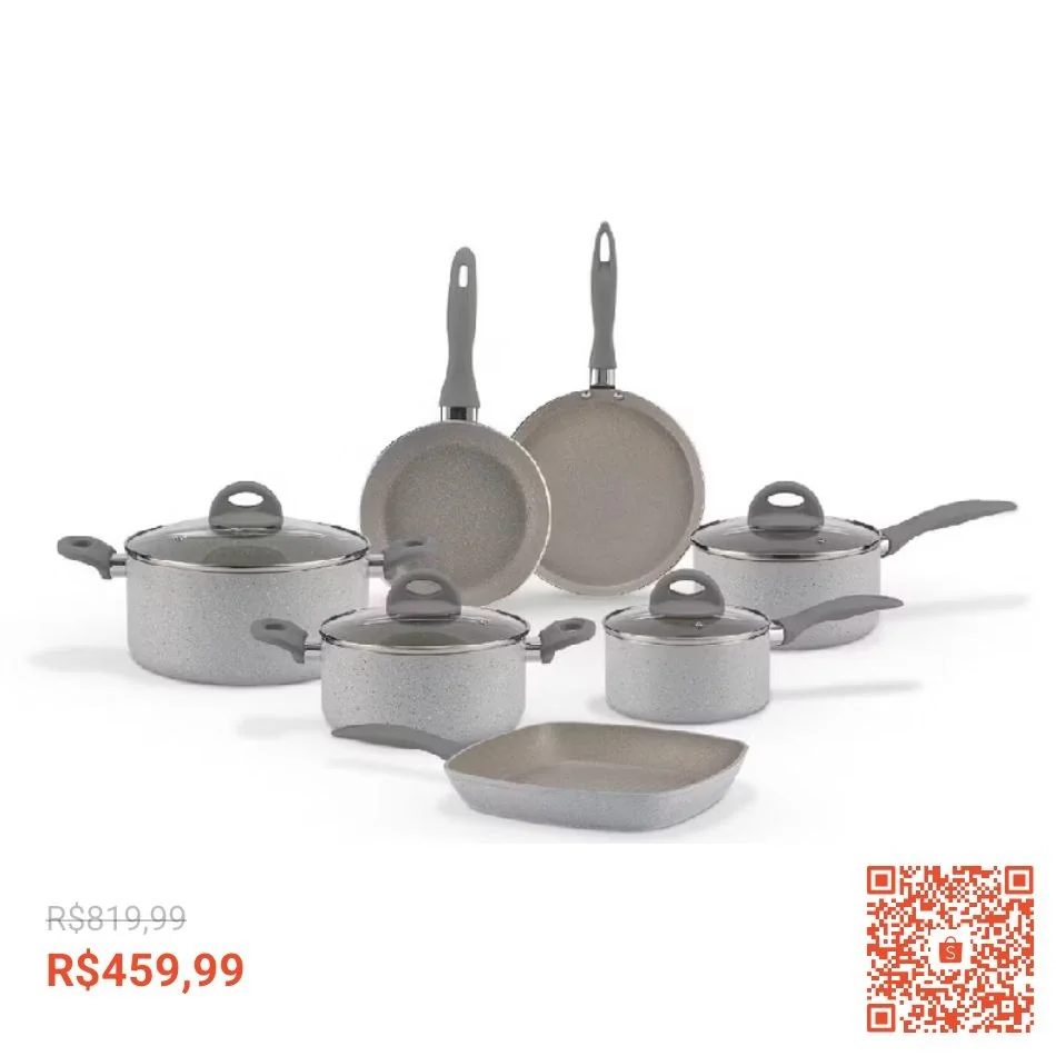 Jogo de Panelas Brinox Antiaderente Ceramic Life - Marble Blend com Indução - Cinza Claro