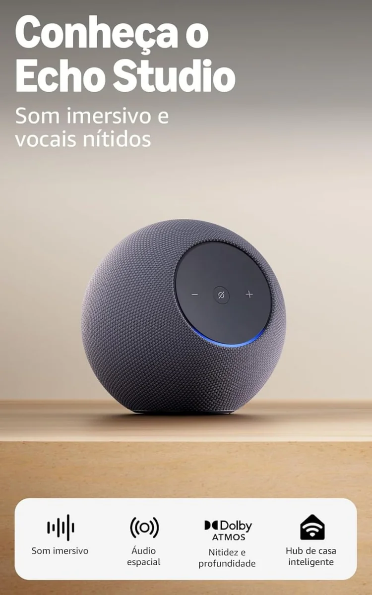 🔥 PARCELADO! Amazon Echo Studio (Geração mais recente), com design compacto, áudio espacial imersivo e Dolby Atmos, Cor Grafite, com Acesso Antecipado à Alexa+