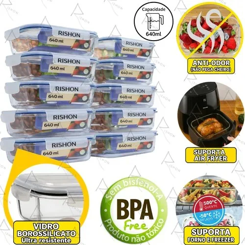 🚀 Kit 10 Pote De Vidro Marmita Hermético 640ml Freezer Fitness Rishon