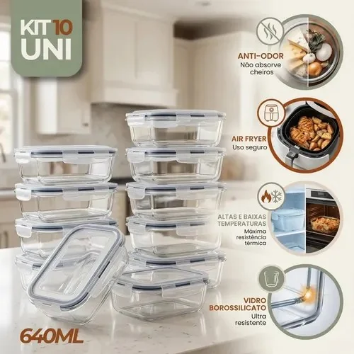 Kit 10 Pote De Vidro Marmita Hermético 640ml Freezer Fitness Rishon Azul-escuro