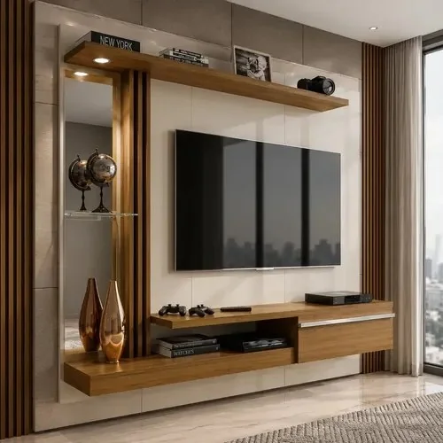 Painel Rack Sala Bechara Denver Para Tvs 55 Polegadas Com Espelho E Led Elétrico Design Moderno Elegante Cor Cinamomo Off White Off White/cinamomo